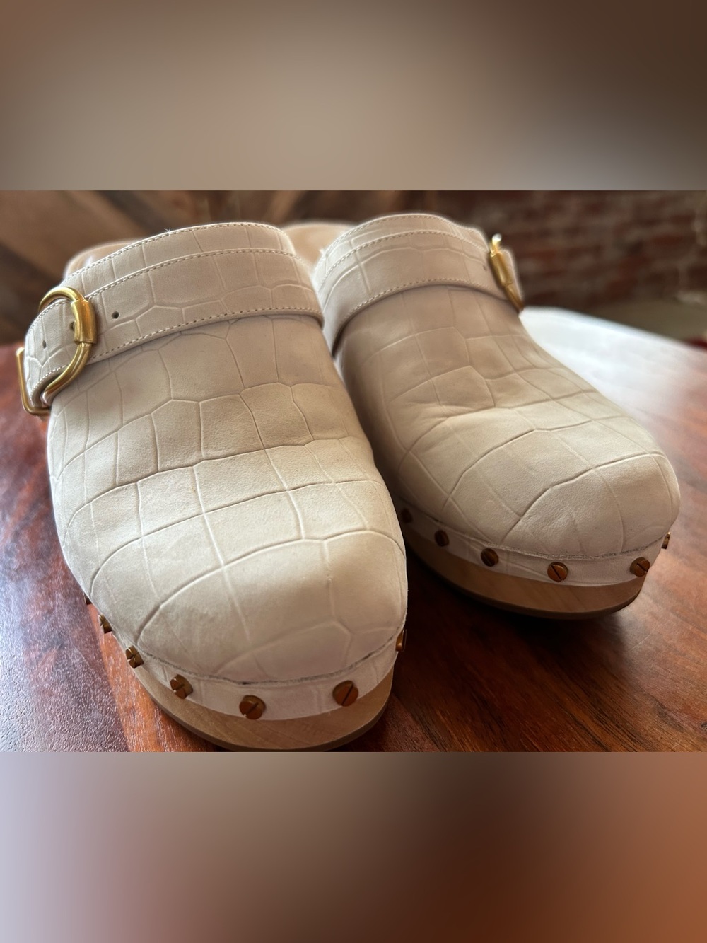 Veronica Beard Cream Croc-Embossed Leather Mule Clogs with Gold Buckle - Picture 7 of 10